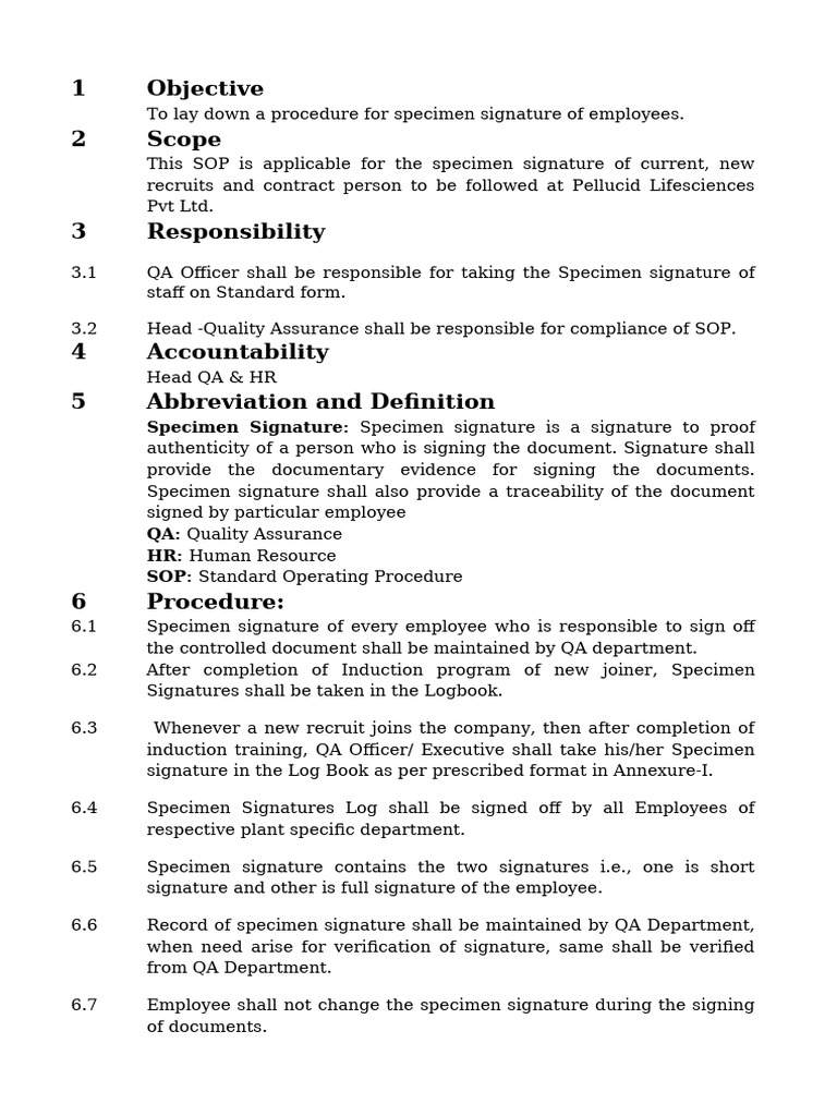 Employee Specimen Signature SOP | PDF | Signature