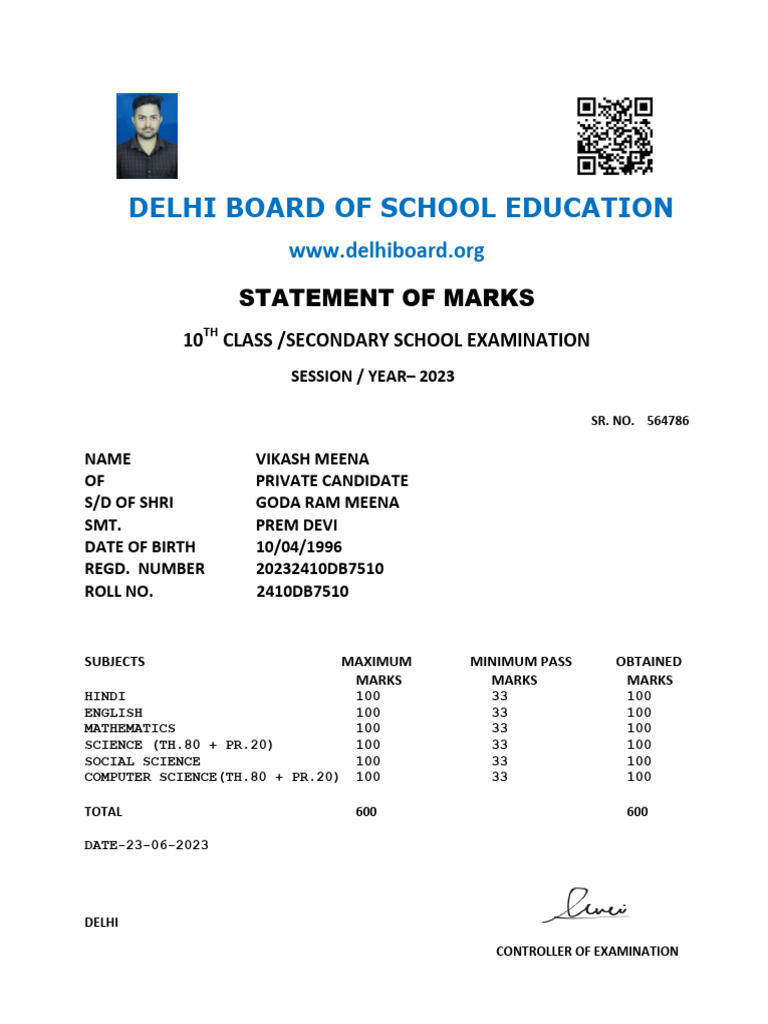 10th Class Marks Statement 2023 | PDF