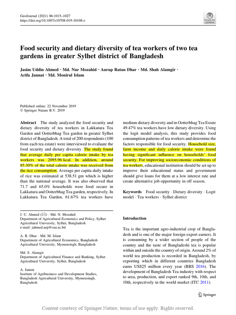 Food Security of Tea Workers in Sylhet | PDF | Food Security | Calorie
