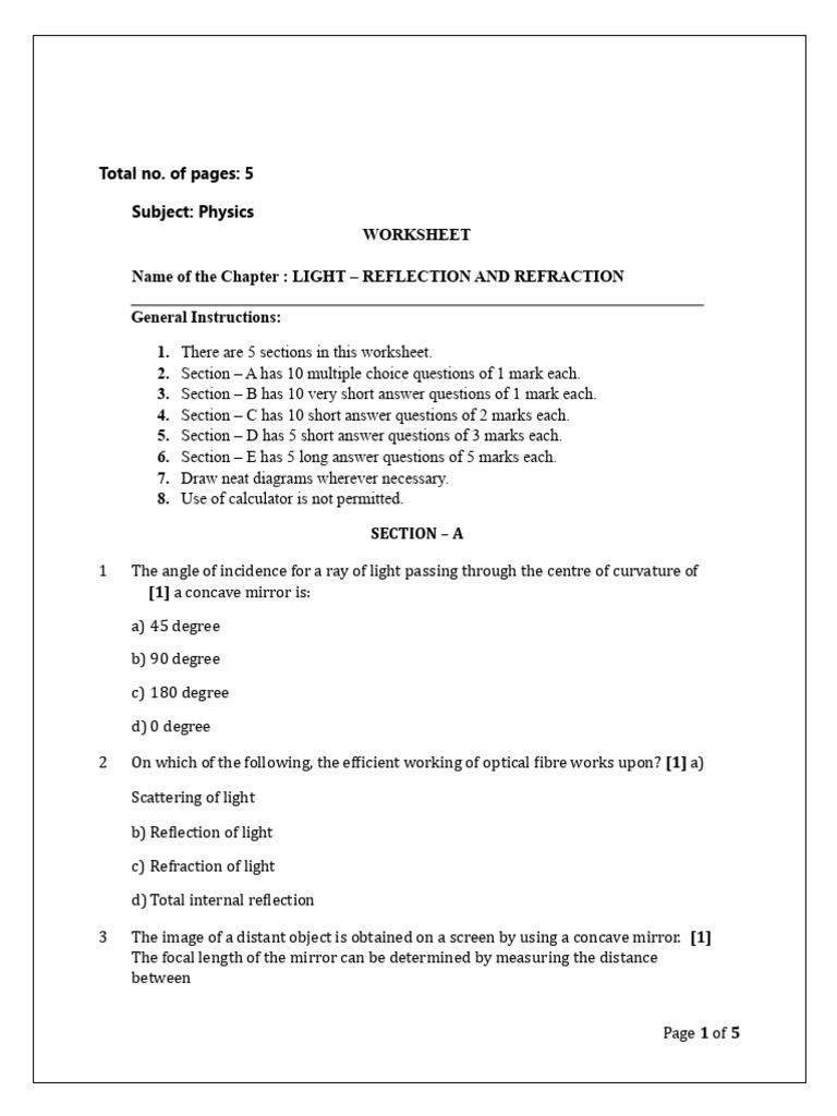 Light Reflection and Refraction Worksheet | PDF | Mirror | Electrodynamics