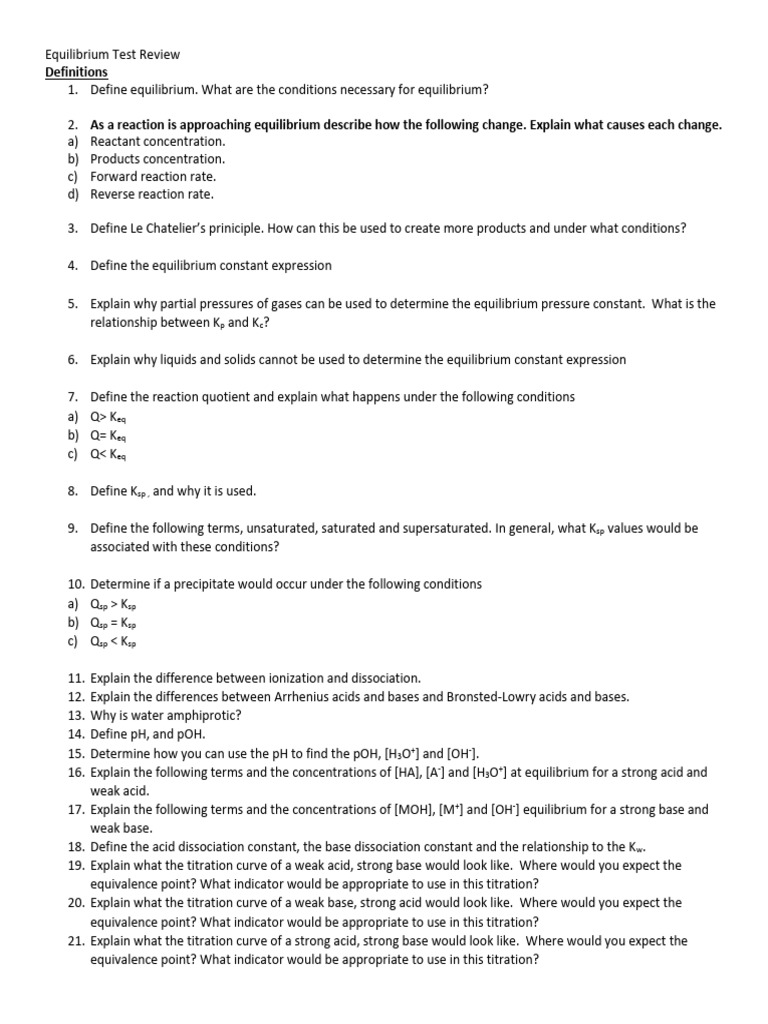 Equilibrium Chemistry Test Review Guide | PDF | Chemical Equilibrium ...