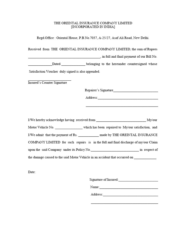 Oriental Insurance Satisfaction Voucher | PDF