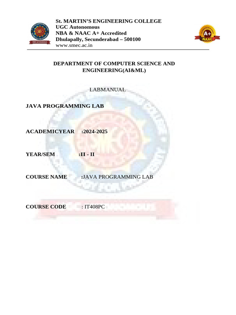 Java Programming Lab Manual R22 | PDF | Engineering | Artificial ...