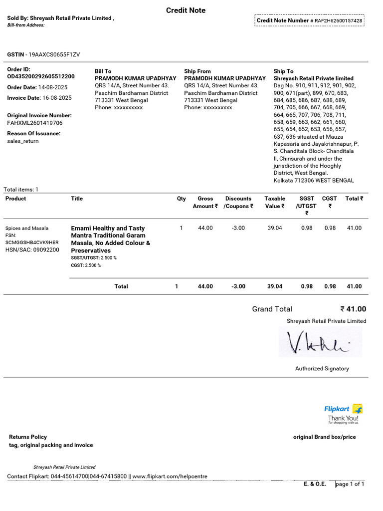 Credit Note and Invoice Details | PDF
