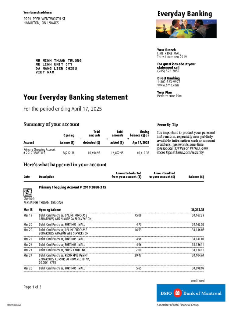 BMO Everyday Banking Statement Summary | PDF | Debit Card | Transaction ...