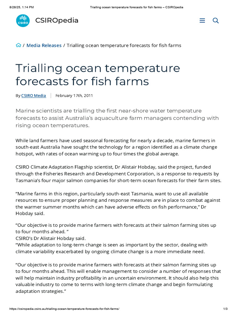 Trialling Ocean Temperature Forecasts For Fish Farms - CSIROpedia | PDF ...