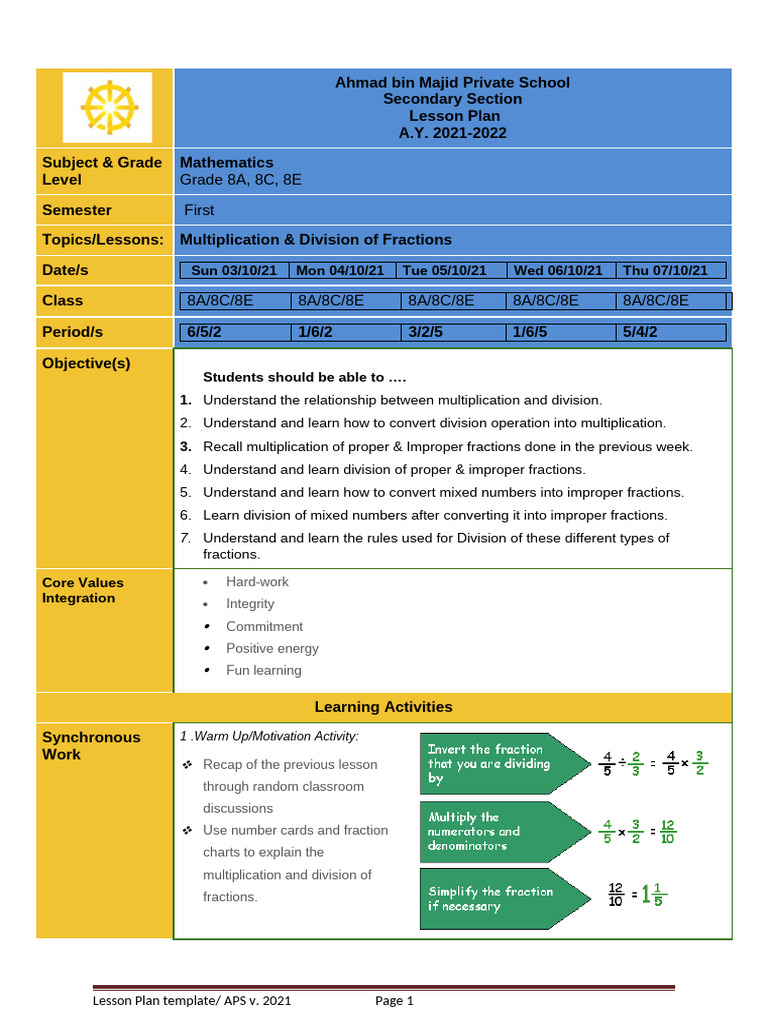 Grade 8 Math Lesson Plan: Fractions | PDF | Lesson Plan | Pedagogy
