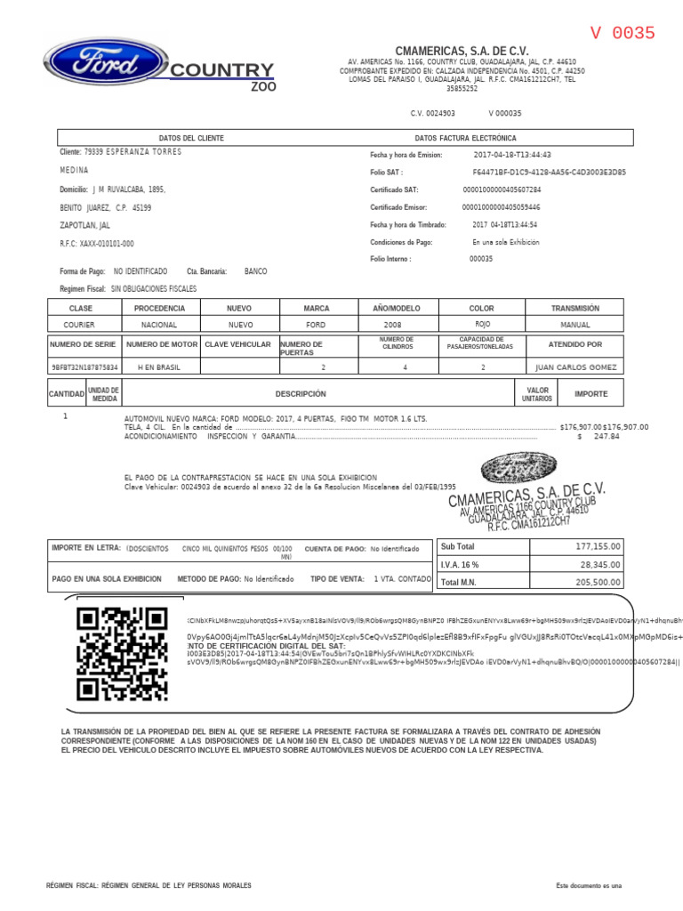 Factura Ford Automóvil 2017 PDF | PDF | Vehículos terrestres ...