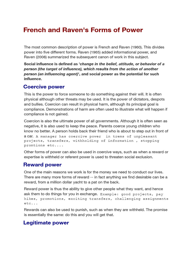 French and Raven's Five Power Types | PDF | Power (Social And Political ...