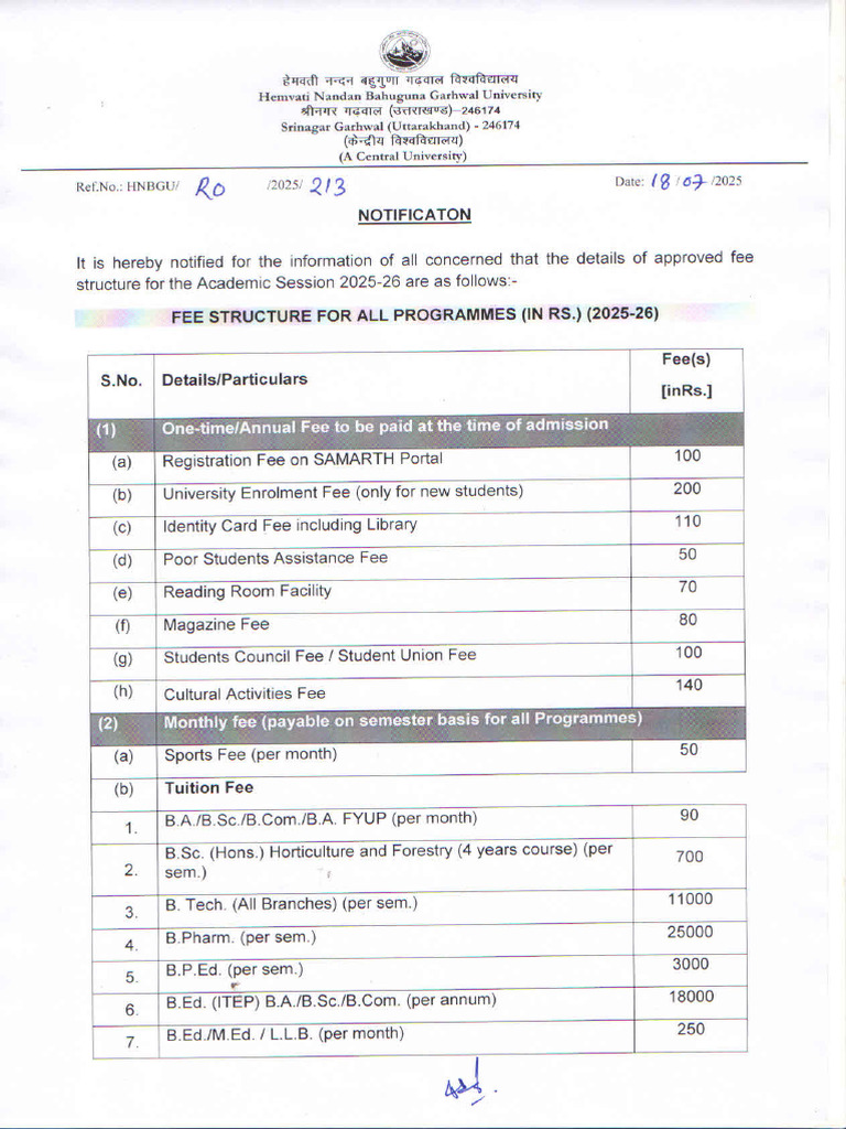 Office Order No. 213 (Fee Structure For Academic Session 2025-26) - 0 | PDF