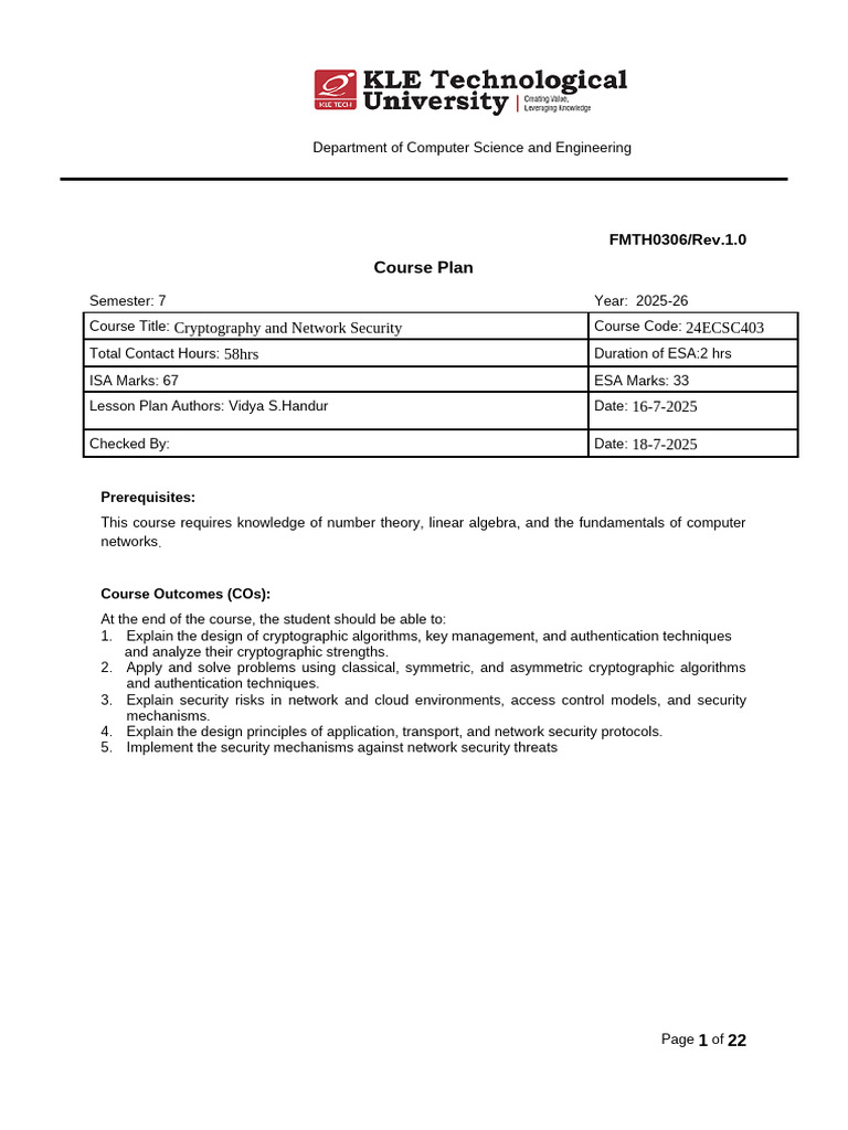 Cryptography and Network Security Course Plan | PDF | Cryptography ...