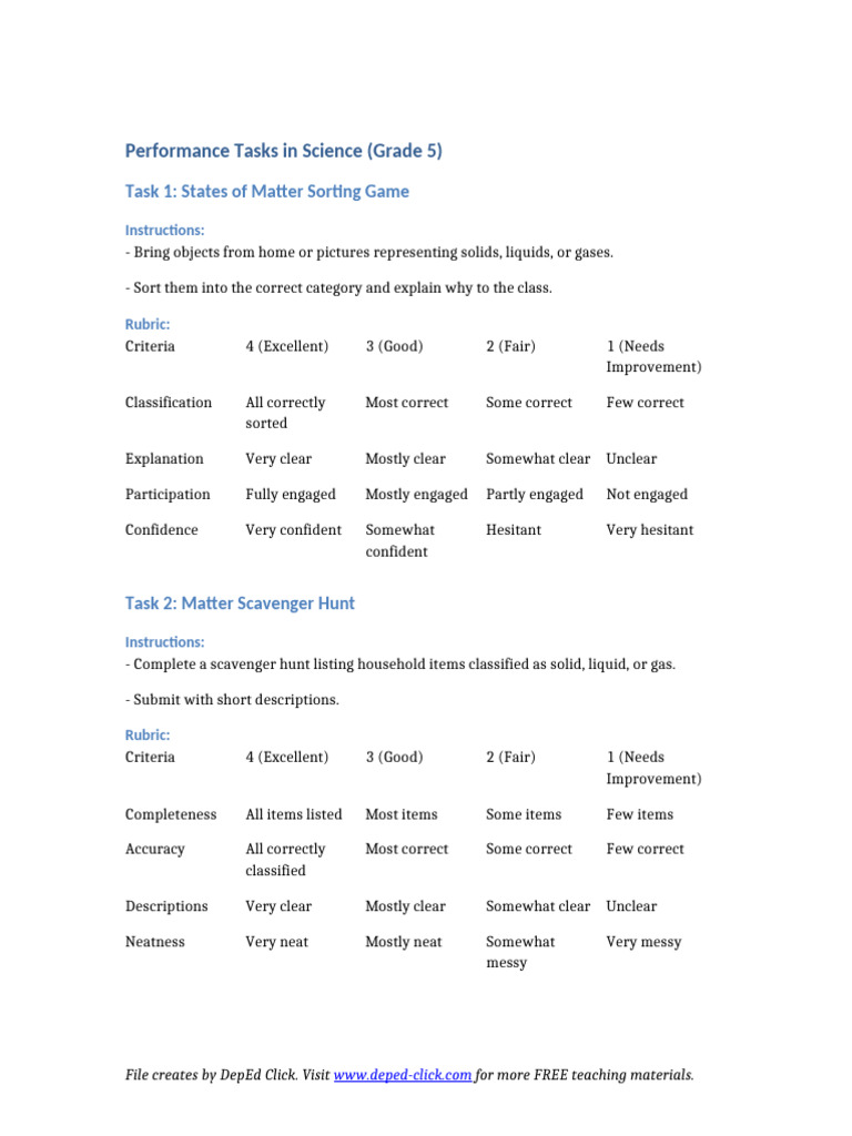 Grade 5 Science Performance Tasks | PDF