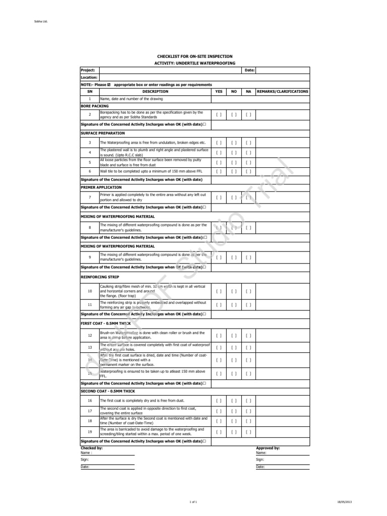 Sobha Ltd. Waterproofing Inspection Checklist | PDF | Concrete | Plaster