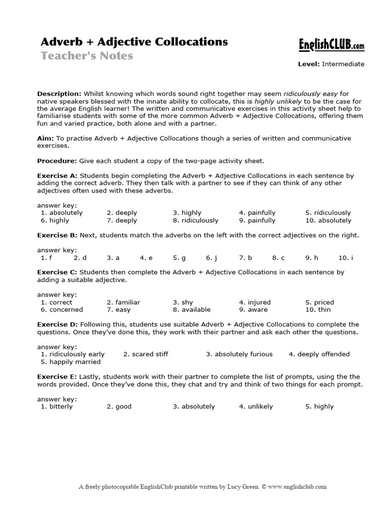 Adverb + Adjective Collocations Exercises | PDF | Adverb | Linguistics