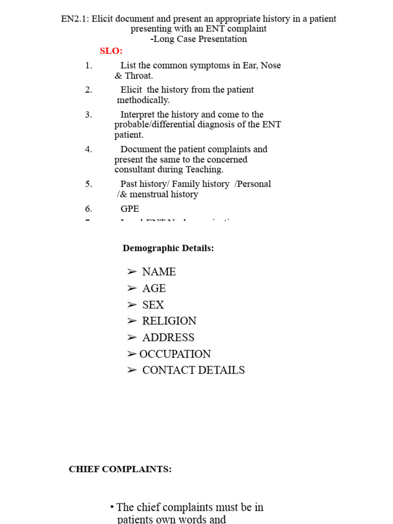 ENT Patient History and Examination Guide | PDF | Human Nose | Diseases ...