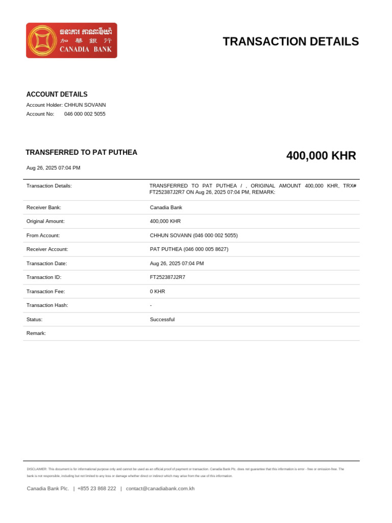 Canadia Bank Transaction Summary | PDF