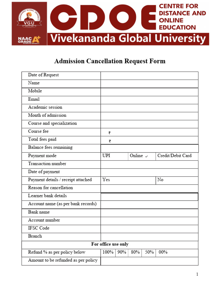 VGU Admission Cancellation & Refund Policy | PDF | Banks | Payments