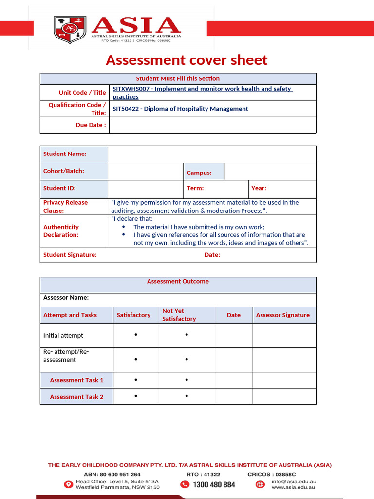 SITXWHS007 Student Assessment Tasks | PDF | Occupational Safety And ...