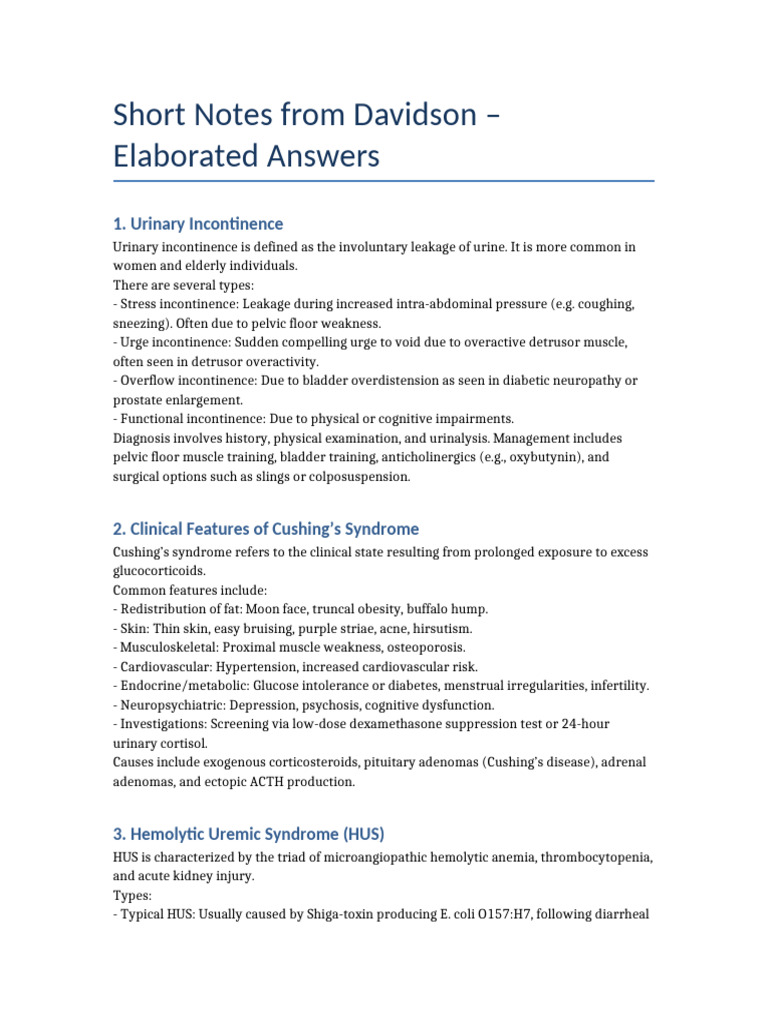 Elaborated Davidson Short Notes | PDF | Urinary Incontinence | Clinical ...