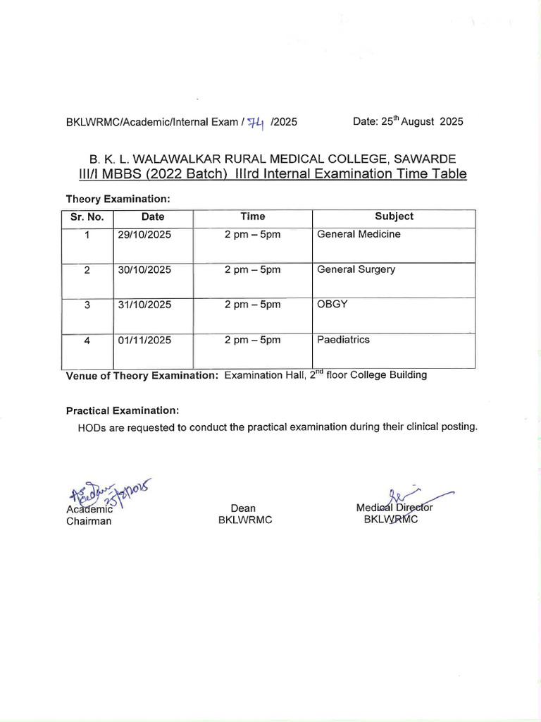 III-i Mbbs Batch 2022 - 3rd Internal Assessment - Time Table | PDF