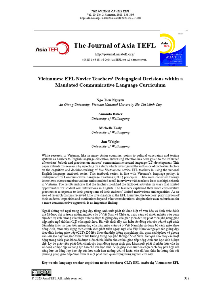 Vietnamese EFL Teachers' Pedagogical Choices | PDF | Teachers | Learning