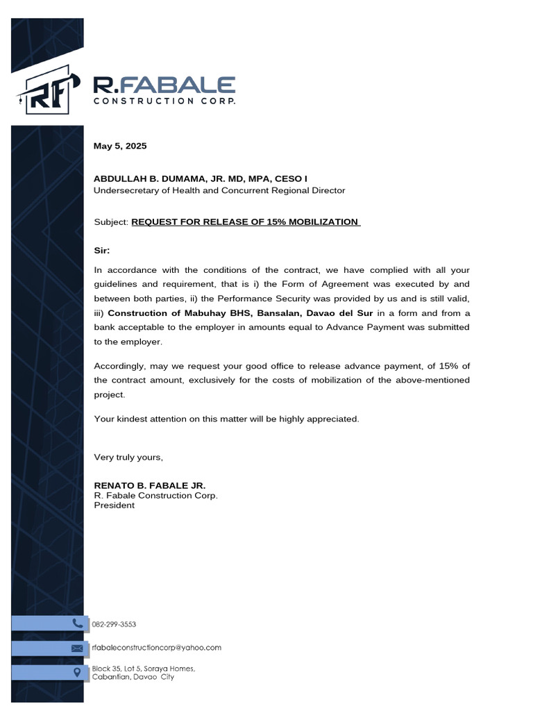 Request for Mobilization and Final Billing | PDF | Business Law ...