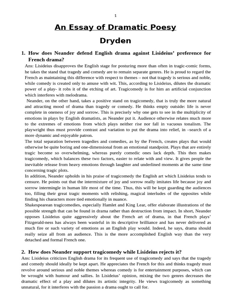 An Essay of Dramatic Poesy Notes | PDF | Tragedy | Play (Theatre)