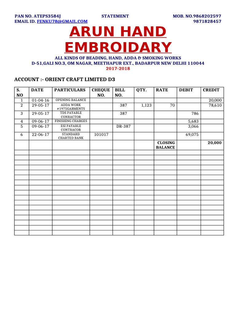 Arun Hand Embroidary: Account:-Orient Craft Limited D3 | PDF