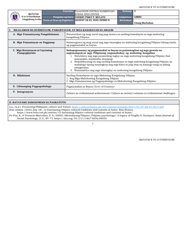 DLL Matatag - GMRC 4 Q1 W9 | PDF