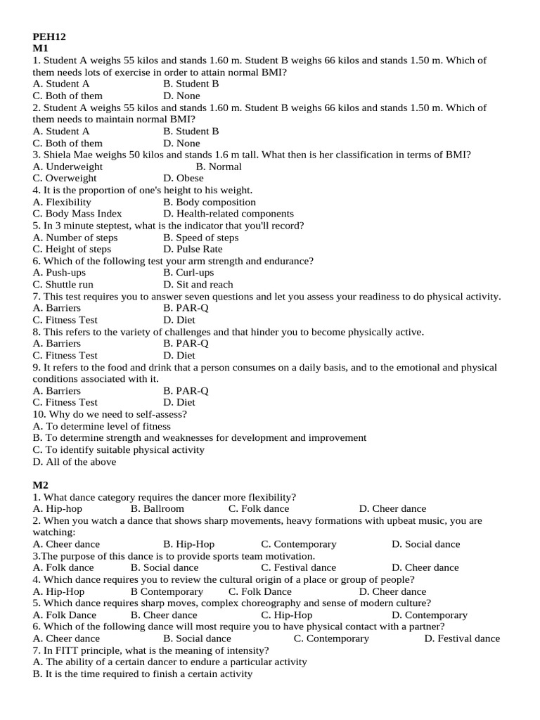 BMI and Fitness Assessment Questions | PDF | Sampling (Statistics ...