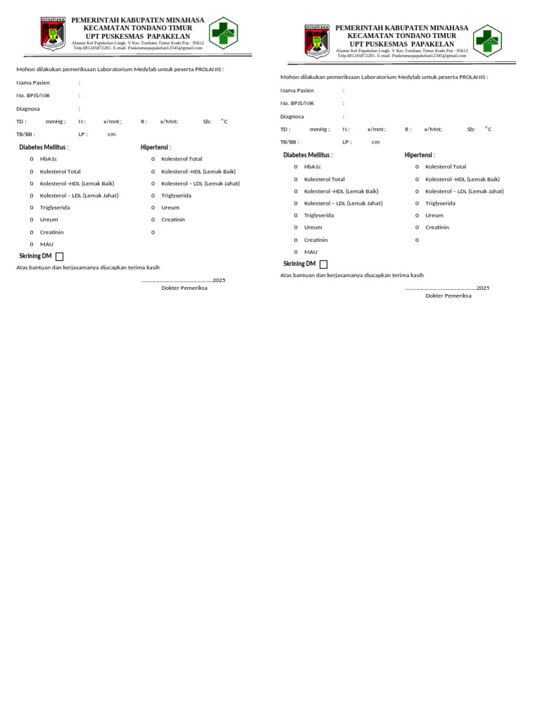 Permohonan Pemeriksaan Medylab PROLANIS | PDF