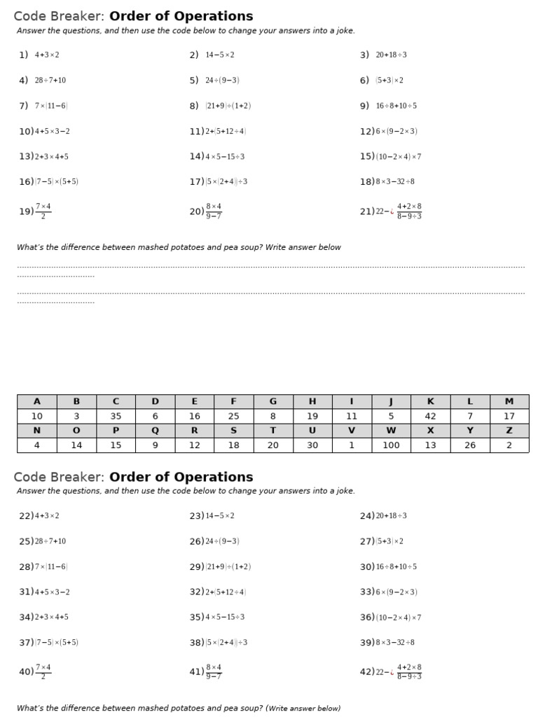 5 Code Breaker Order of Operations BIDMAS (No Indices) | PDF ...