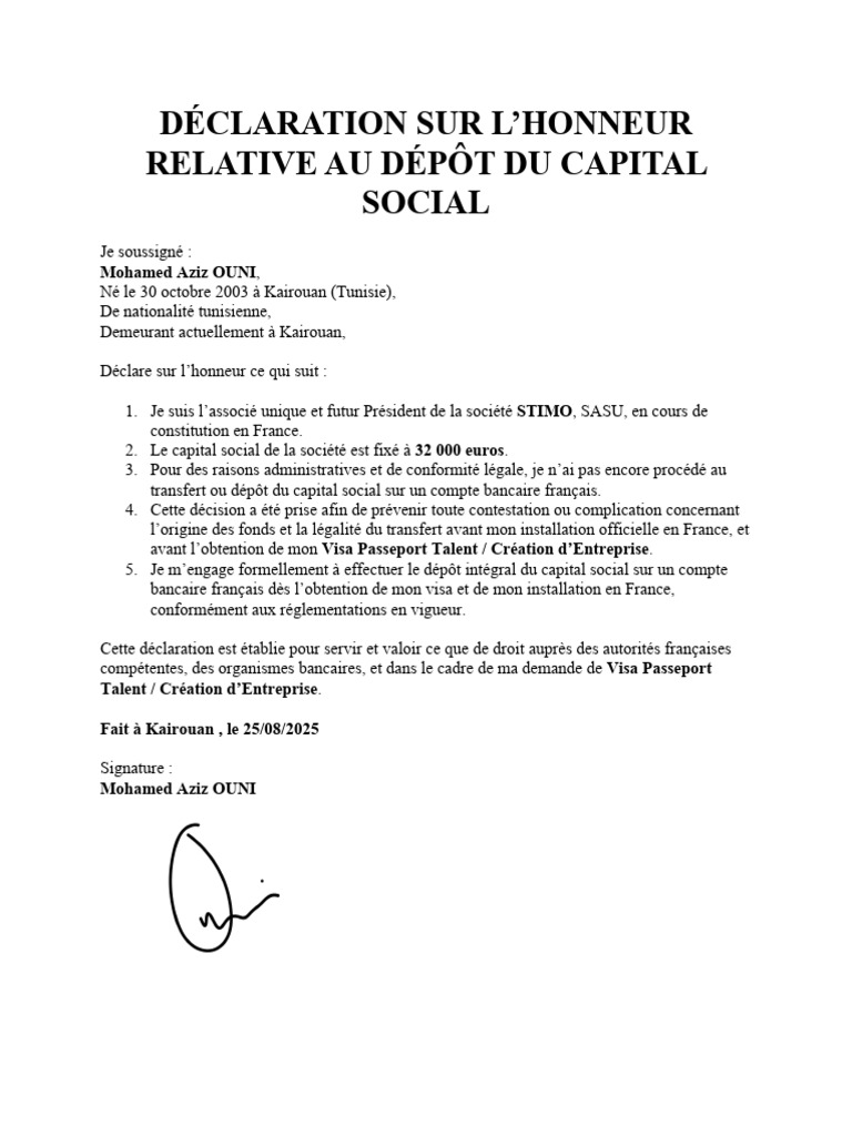 Déclaration de capital social STIMO SASU | PDF