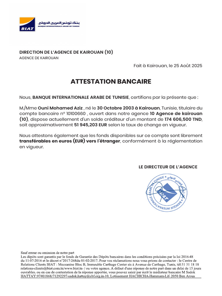 Attestation bancaire de M. Ouni Aziz | PDF