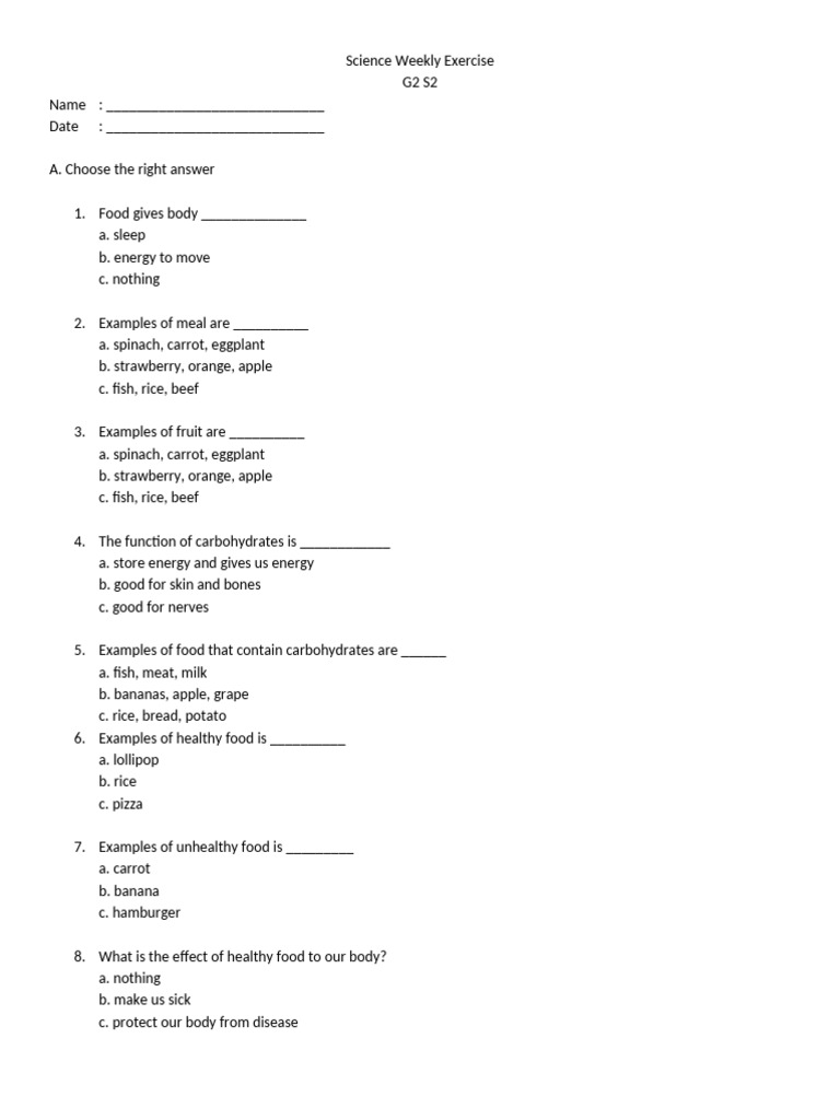 Food and Nutrition Worksheet for Grade 4 | PDF | Foods | Healthy Diet