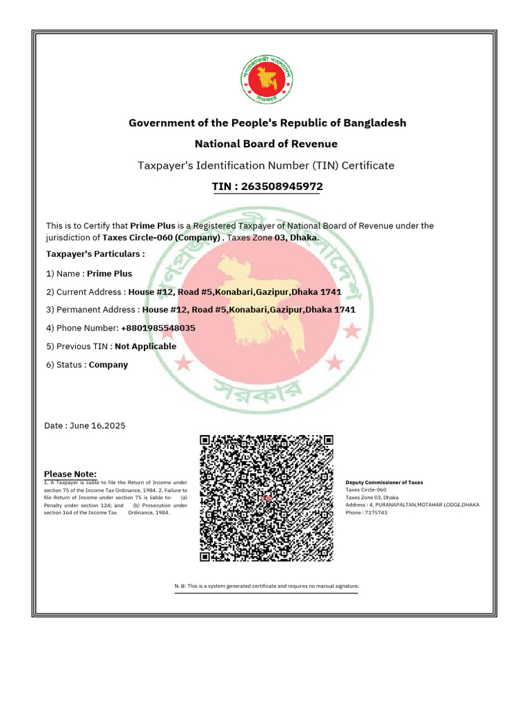 Prime Plus TIN Certificate Details | PDF