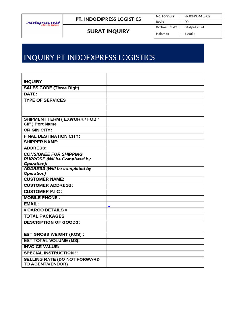 Inquiry Form for PT. Indoexpress Logistics | PDF