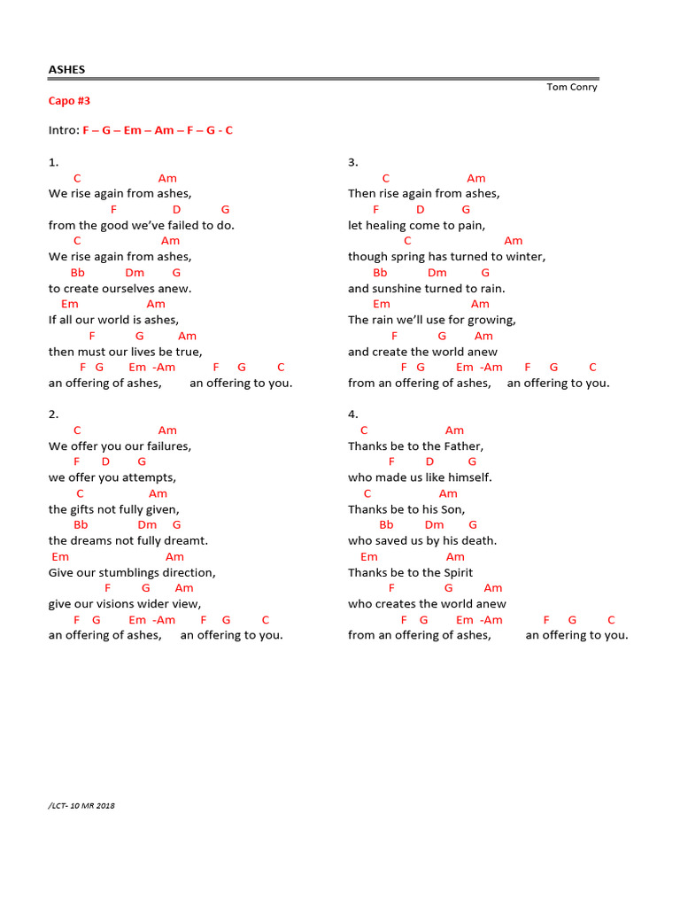 Ashes by Tom Conry Lyrics | PDF