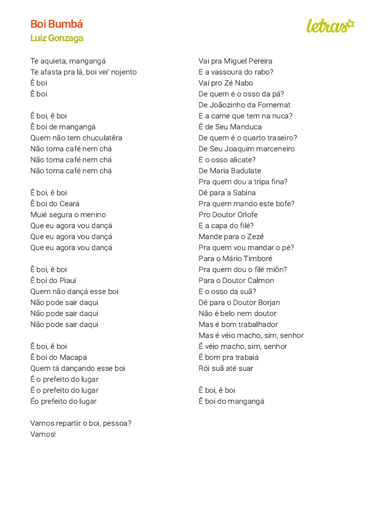 Boi do Mangangá: Letra de Luiz Gonzaga | PDF