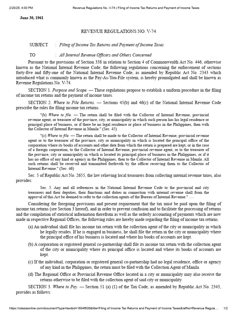 Revenue Regulations No. V-74 - Filing of Income Tax Returns and Payment ...