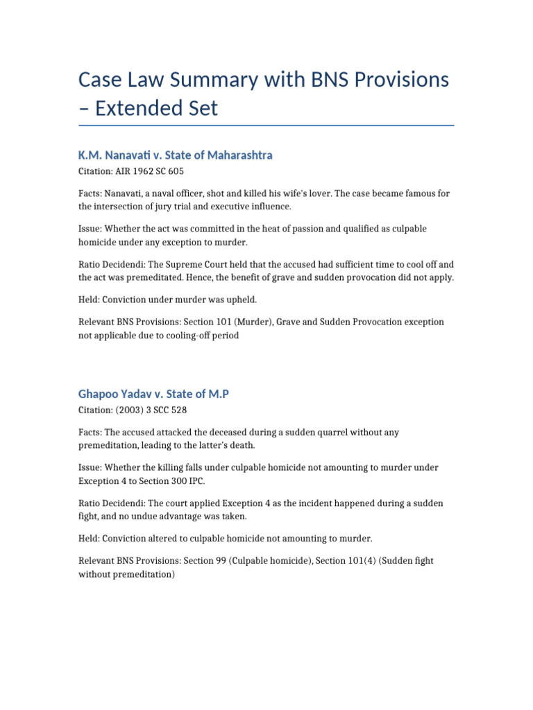 Extended Case Law Summary BNS | PDF | Murder | Legal Procedure