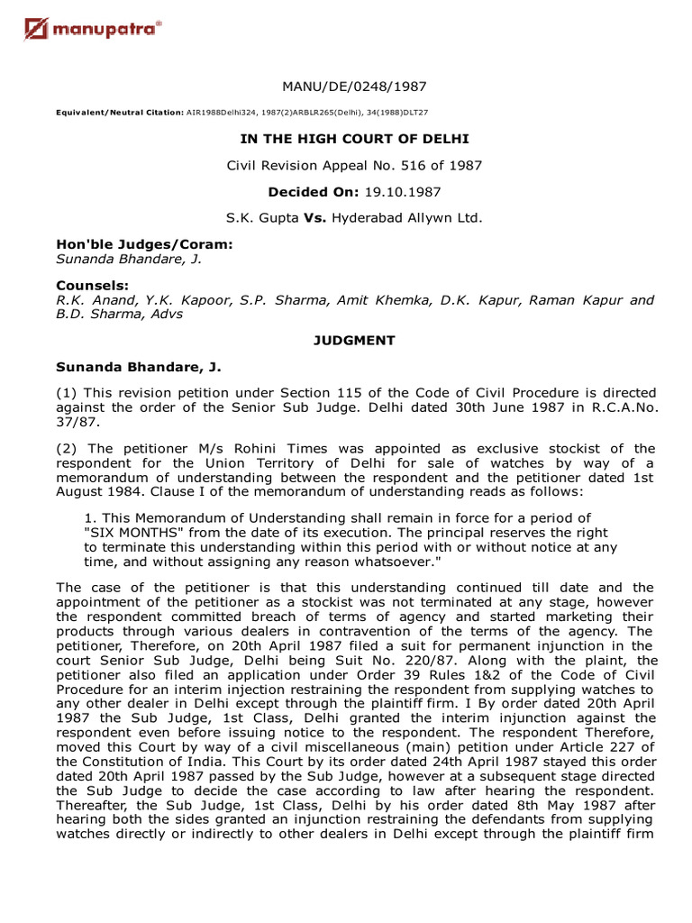 Delhi High Court Ruling on Stockist Dispute | PDF | Lawsuit | Breach Of ...