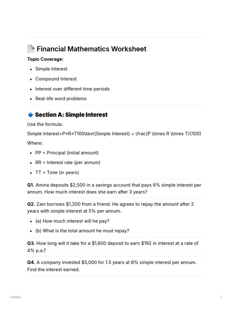 Financial Mathematics Worksheet: Section A: Simple Interest | PDF ...