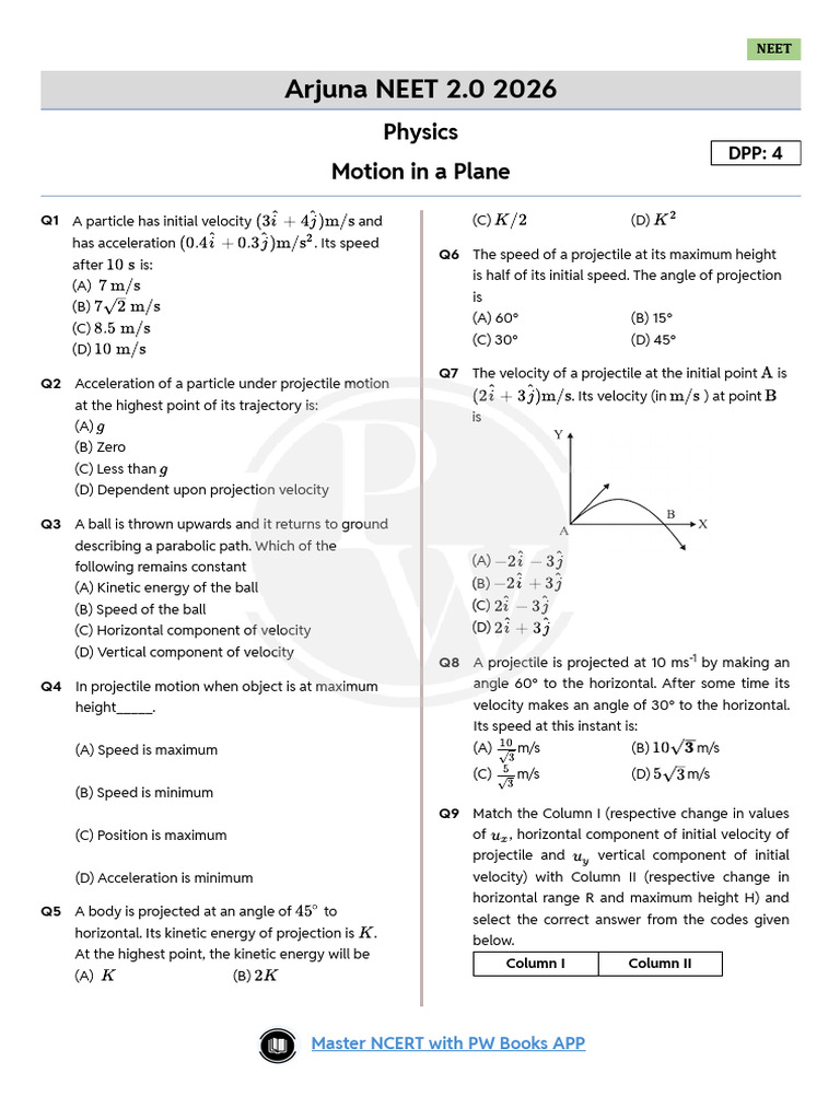 Arjuna NEET 2.0 2026: Physics Motion in A Plane | PDF | Quantity ...