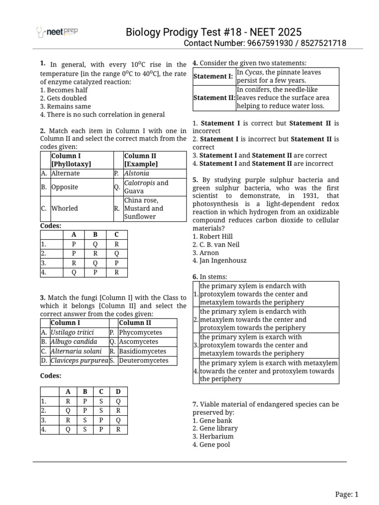 Biology Prodigy Test #18 - NEET 2025 | PDF | Agarose Gel ...