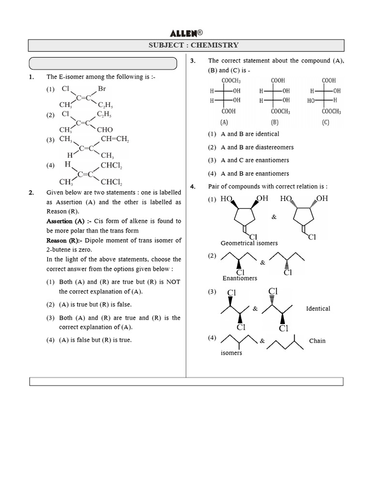 Chemistry Questions on Isomerism and Reactions | PDF | Isomer | Organic ...