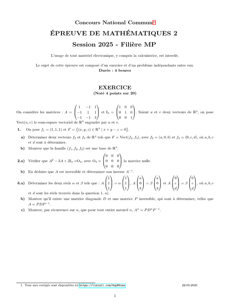 Épreuve de Maths 2 CNC 2025 MP | PDF | Matrice (Mathématiques ...