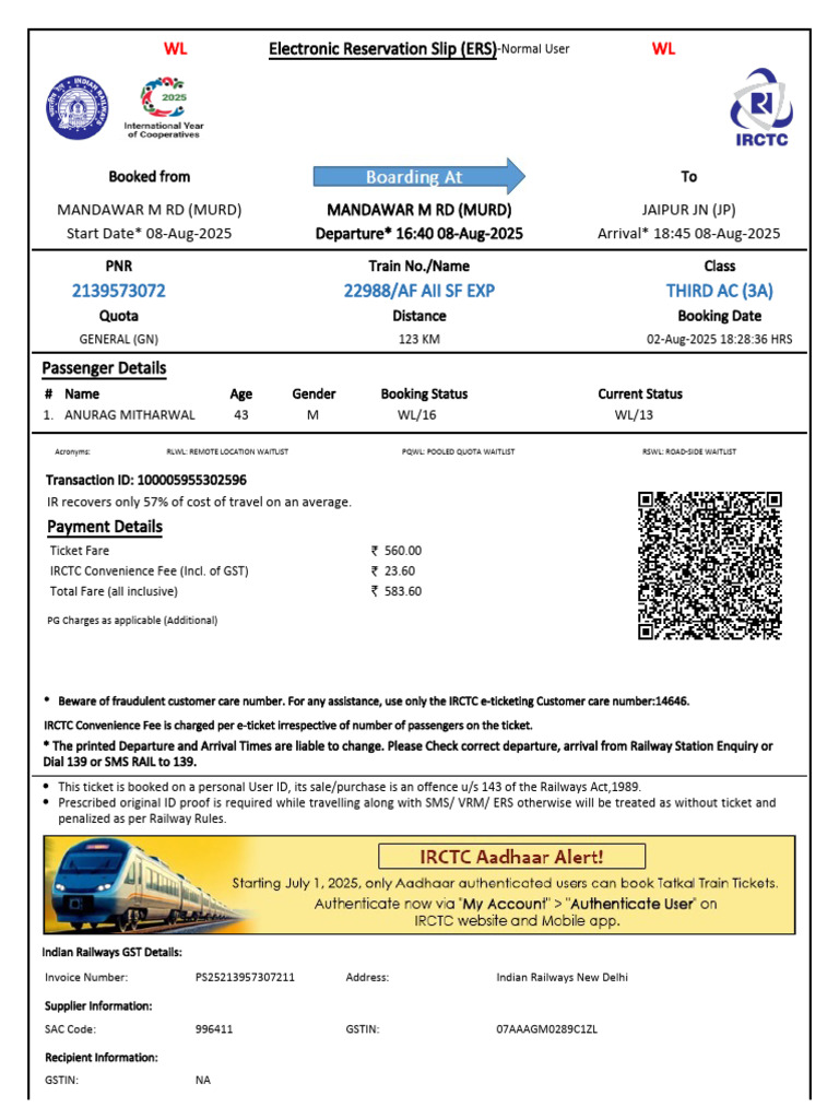 Online Train Ticket Confirmation | PDF | Identity Document | Payments