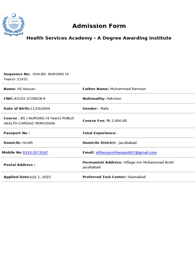 Admission Form for BS Nursing Program | PDF