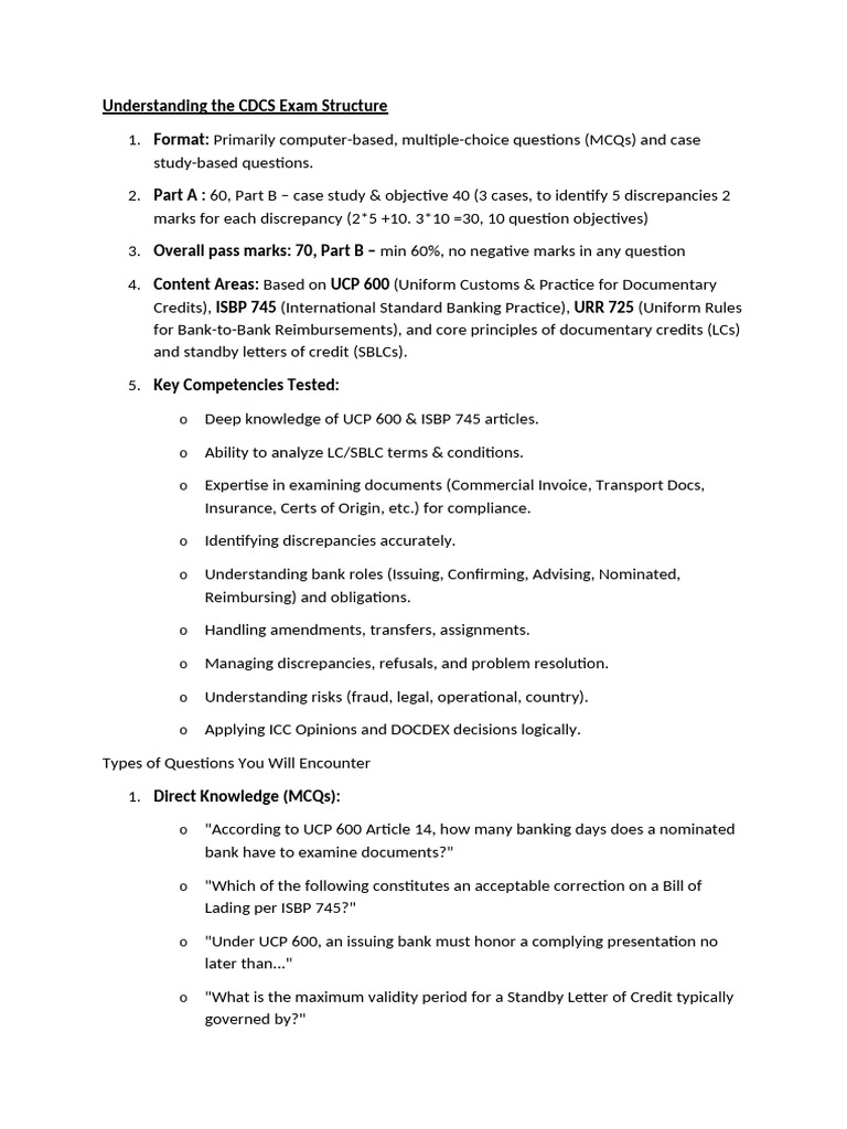 CDCS Exam Structure and Key Insights | PDF | Letter Of Credit